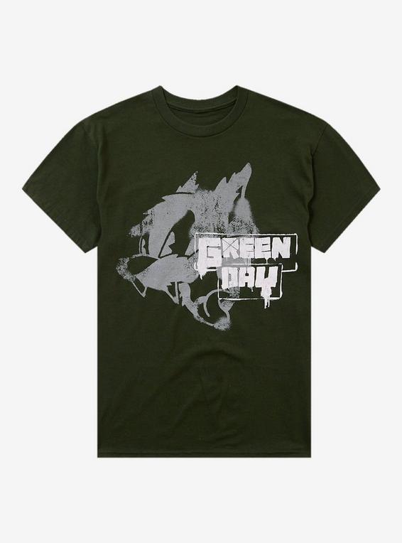 hot topic Green Day Hissing Cat Graffiti T-Shirt GREEN