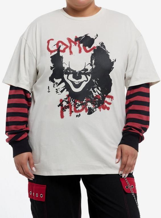 hot topic IT Pennywise Oversized Twofer Long-Sleeve T-Shirt Plus Size RED