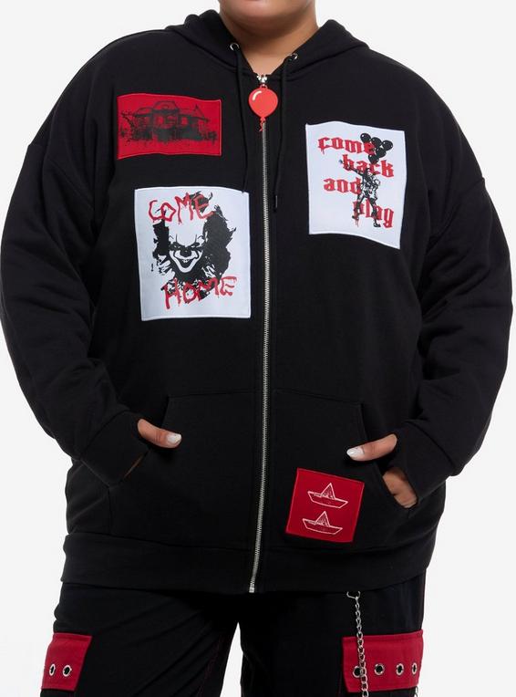 hot topic IT Pennywise Patches Girls Oversized Hoodie Plus Size MULTI