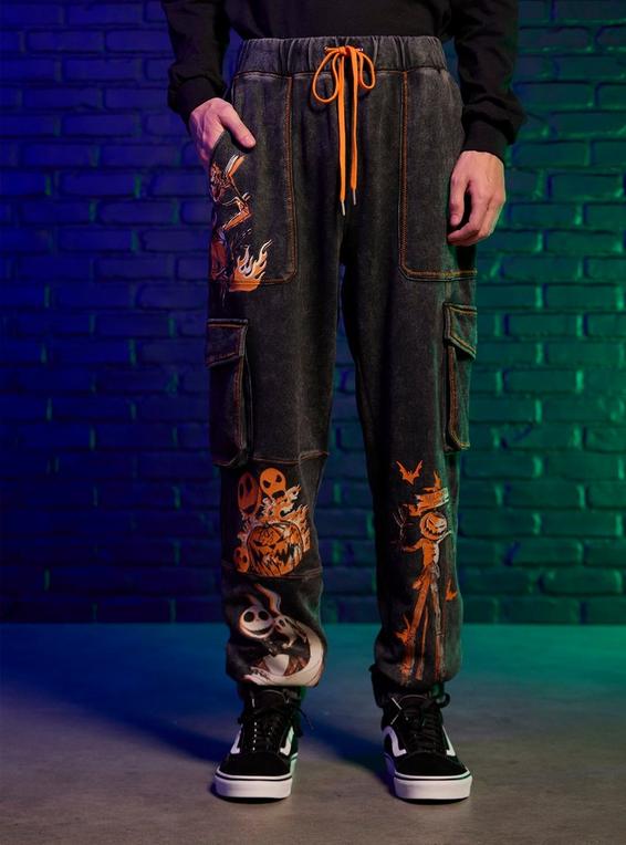 hot topic Our Universe The Nightmare Before Christmas Pumpkin King Dark Wash Jogger Sweatpants GREY