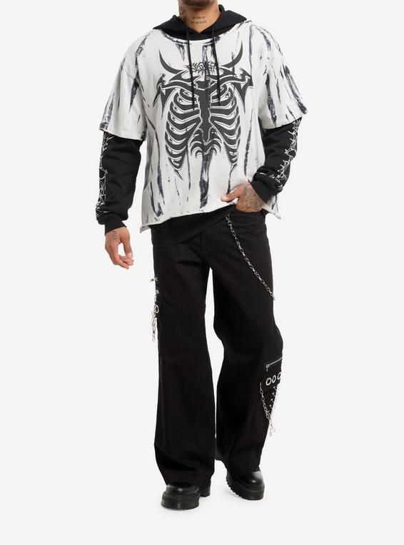 Hot Topic Rib Cage White & Black Wash Oversized Twofer Hoodie BLACK