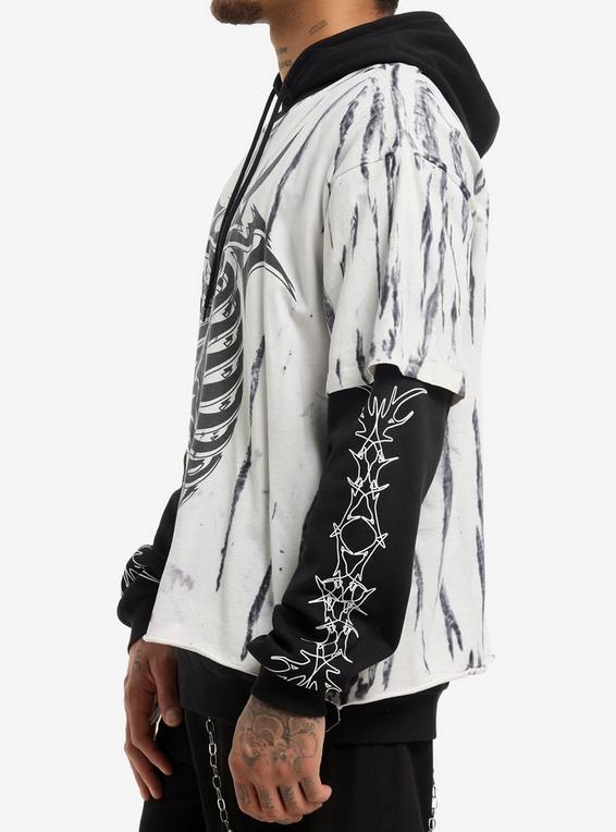 Hot Topic Rib Cage White & Black Wash Oversized Twofer Hoodie BLACK