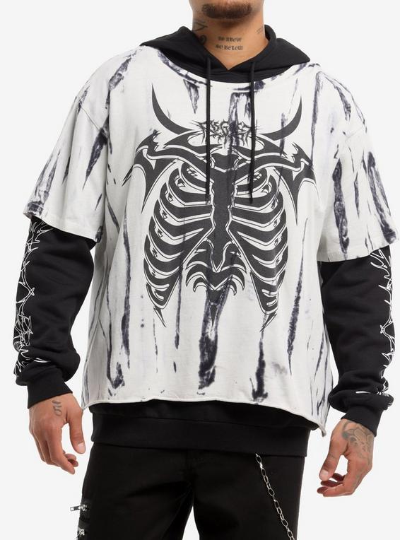 hot topic Rib Cage White & Black Wash Oversized Twofer Hoodie BLACK