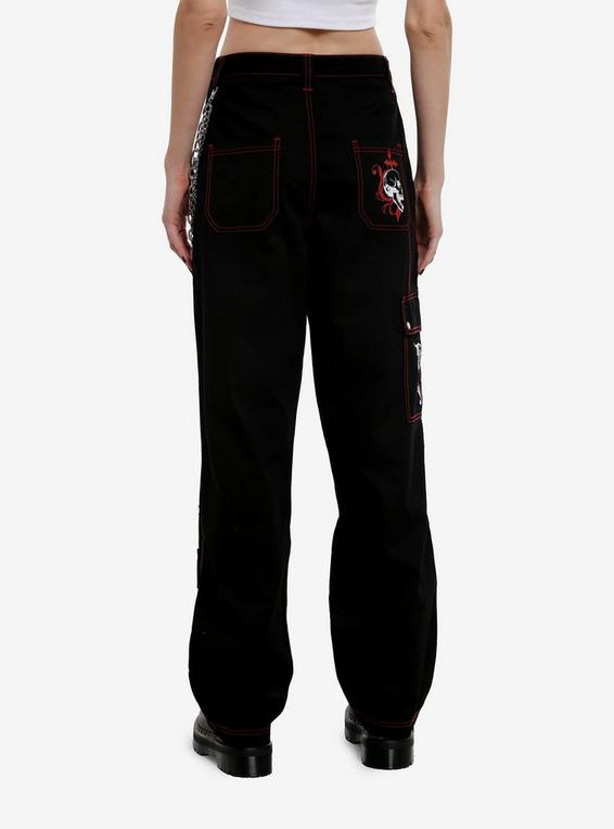 Hot Topic Social Collision Black & Red Contrast Stitch Skull & Chain Wide Leg Cargo Pants RED