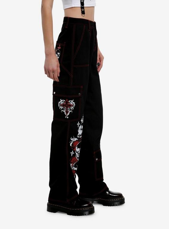 Hot Topic Social Collision Black & Red Contrast Stitch Skull & Chain Wide Leg Cargo Pants RED