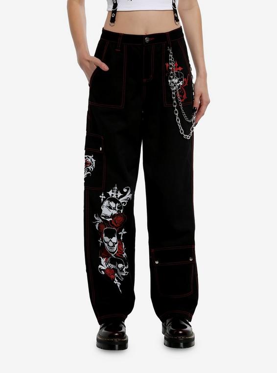 hot topic Social Collision Black & Red Contrast Stitch Skull & Chain Wide Leg Cargo Pants RED