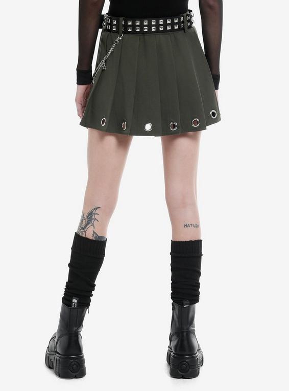 Hot Topic Social Collision Olive Grommet Pleated Skirt With Belt BLACK