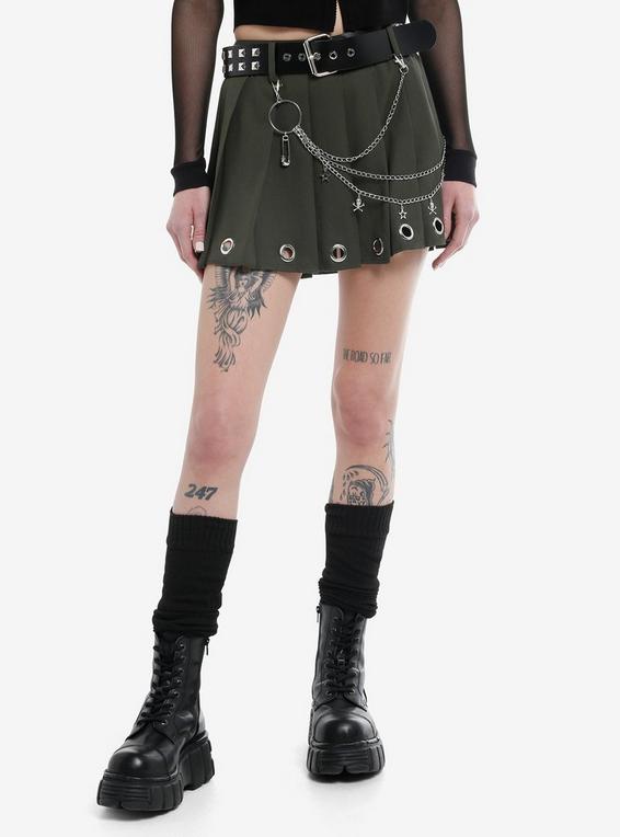 hot topic Social Collision Olive Grommet Pleated Skirt With Belt BLACK