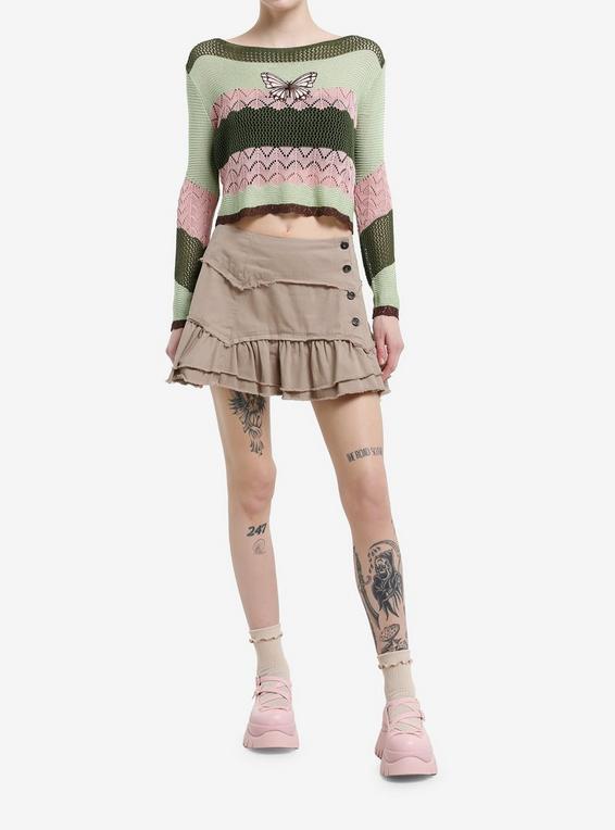 Hot Topic Thorn & Fable Butterfly Green & Pink Stripe Girls Crop Sweater MULTI