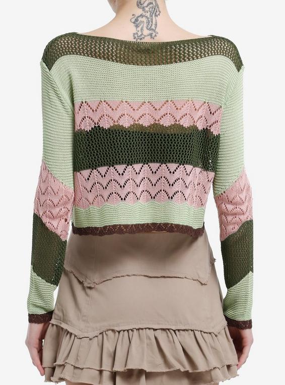 Hot Topic Thorn & Fable Butterfly Green & Pink Stripe Girls Crop Sweater MULTI