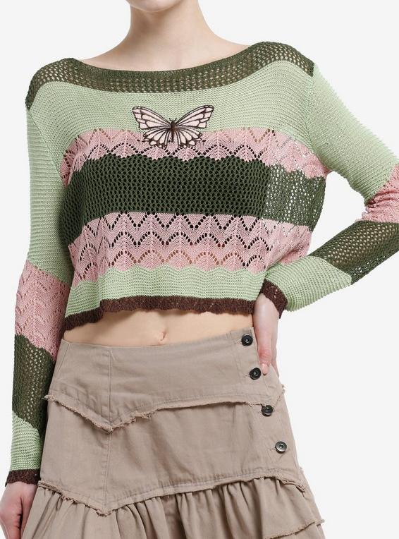 hot topic Thorn & Fable Butterfly Green & Pink Stripe Girls Crop Sweater MULTI
