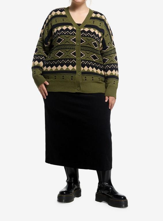 Hot Topic Thorn & Fable Green Black & Cream Geometric Girls Cardigan Plus Size GREEN