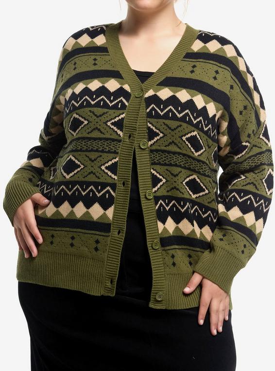 hot topic Thorn & Fable Green Black & Cream Geometric Girls Cardigan Plus Size GREEN