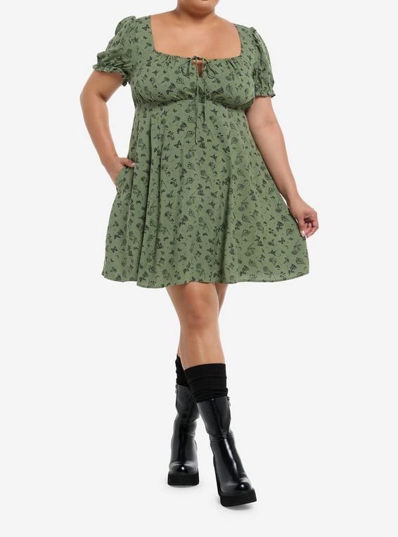 Hot Topic Thorn & Fable Mushrooms Flowers & Butterflies Green Babydoll Dress Plus Size BLACK
