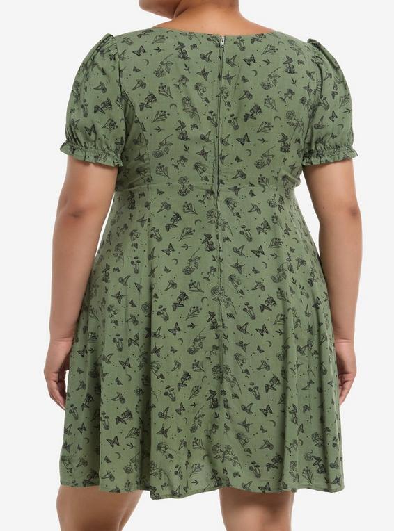 Hot Topic Thorn & Fable Mushrooms Flowers & Butterflies Green Babydoll Dress Plus Size BLACK