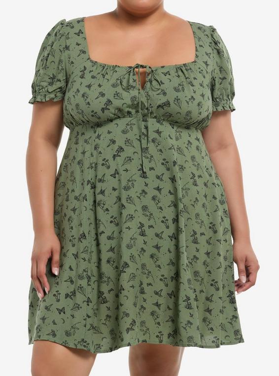 hot topic Thorn & Fable Mushrooms Flowers & Butterflies Green Babydoll Dress Plus Size BLACK
