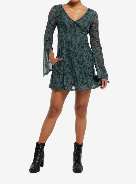 Hot Topic Thorn & Fable Olive Flower Bell Sleeve Dress BLACK