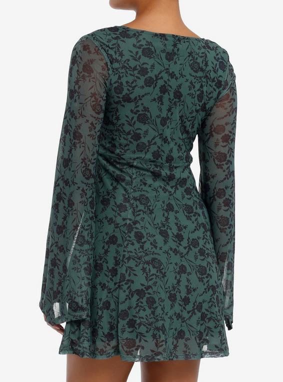 Hot Topic Thorn & Fable Olive Flower Bell Sleeve Dress BLACK