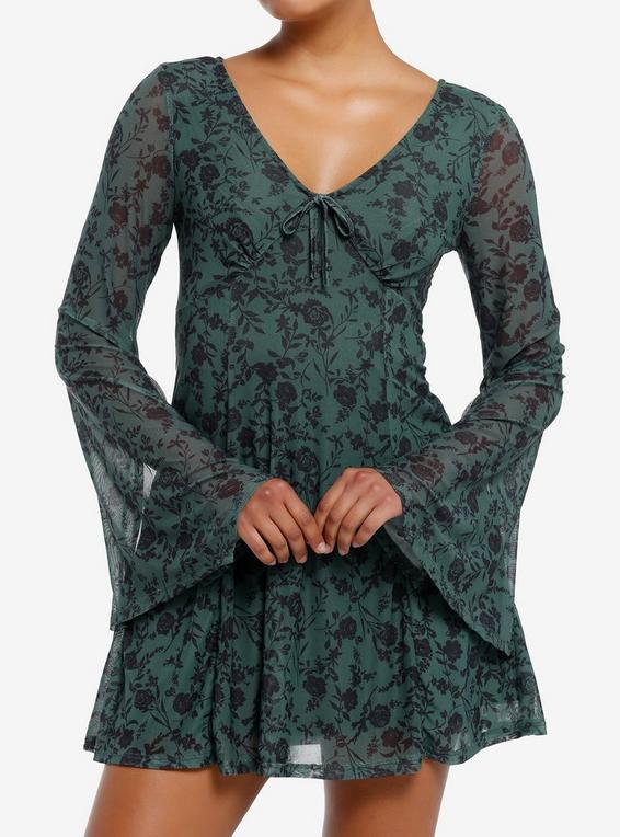 hot topic Thorn & Fable Olive Flower Bell Sleeve Dress BLACK