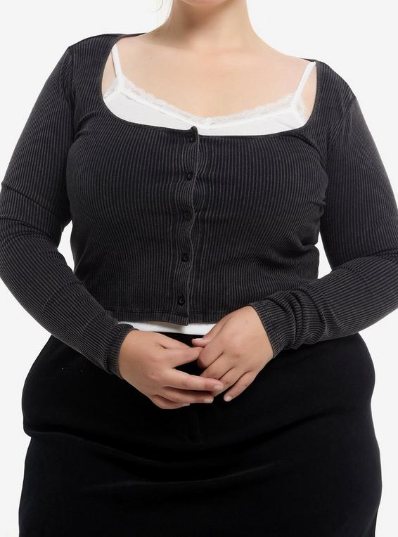hot topic Washed Black & White Lace Cami Girls Crop Twofer Long-Sleeve Top Plus Size