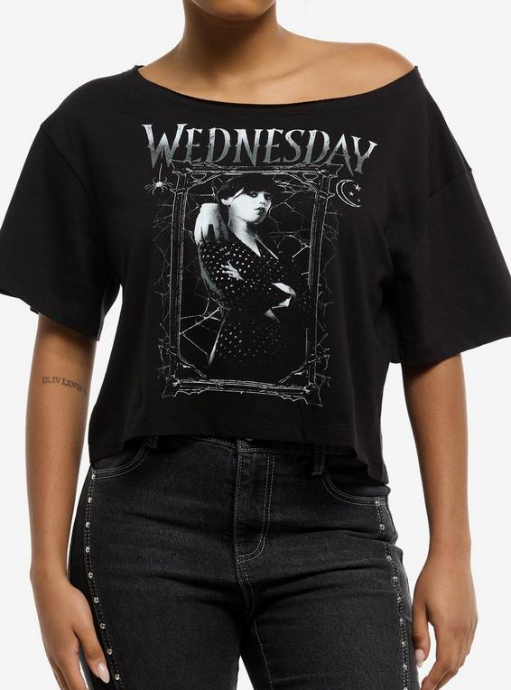 hot topic Wednesday & Thing Portrait Off-Shoulder Girls T-Shirt