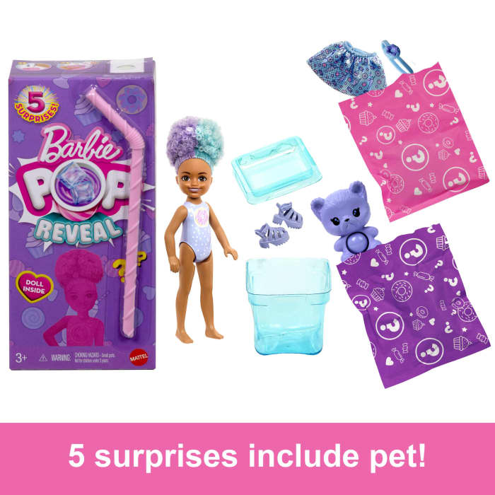 Hot Wheels Barbie Chelsea Pop Reveal Treat Series Doll With 5 Surprises Including Scent & Pet