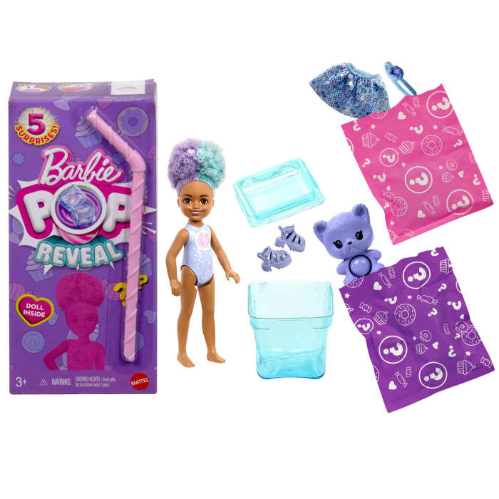 Hot Wheels Barbie Chelsea Pop Reveal Treat Series Doll With 5 Surprises Including Scent & Pet
