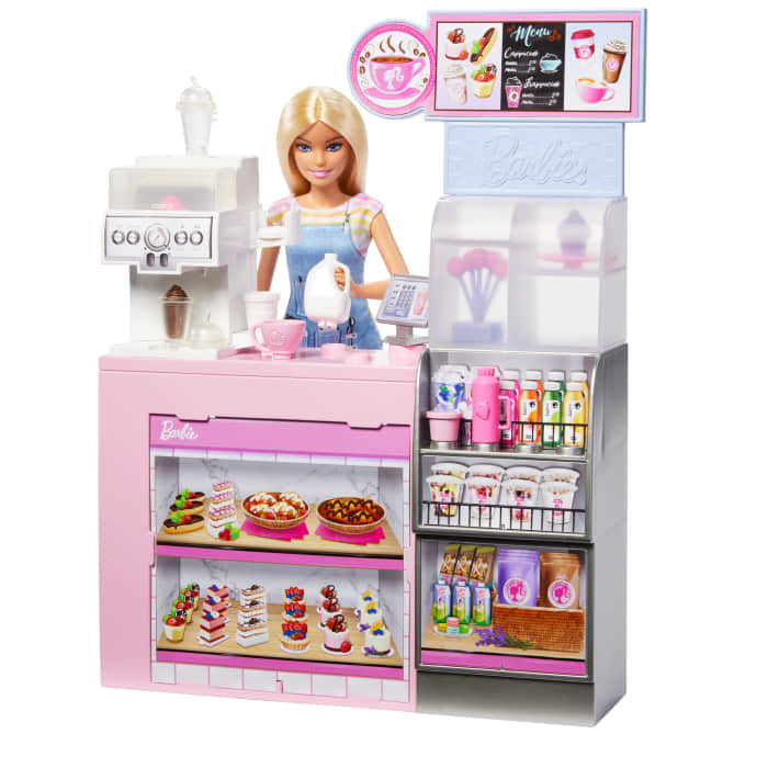 Hot Wheels Barbie Coffee Shop Playset With Blonde Barista Doll Working Coffee Maker & 10+ Accessories