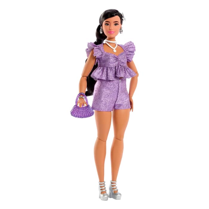 Hot Wheels Barbie Deluxe Style Fashion Doll #8 In Metallic Purple Top And Sparkly Shorts With Accessories