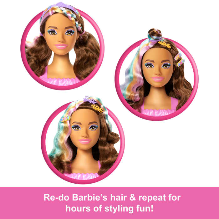 Hot Wheels Barbie Doll Styling Head Brown Hair With 20+ Hair Styling Accessories