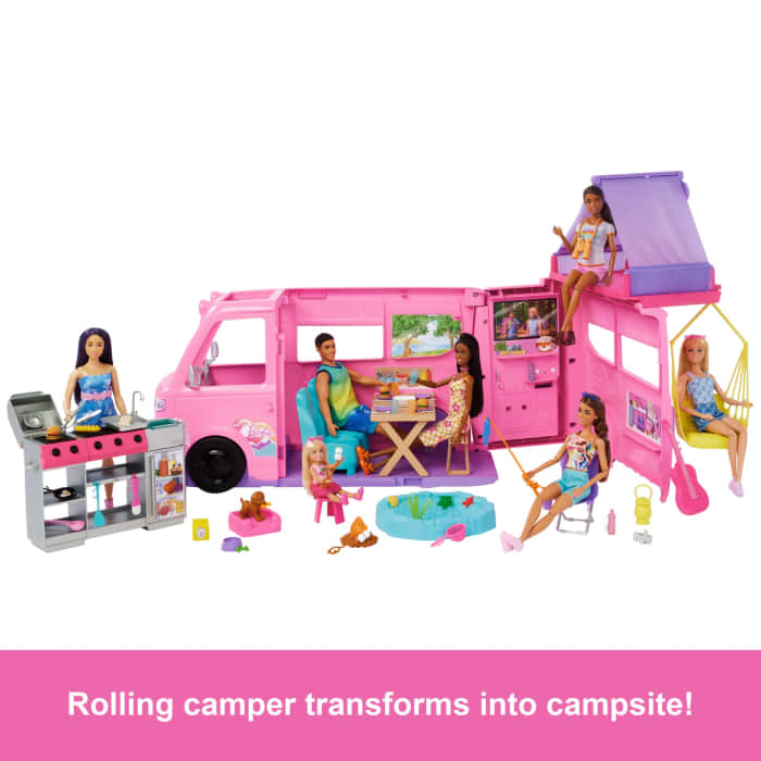 hot wheels Barbie Dream Camper Playset With Roof Tent BBQ Grill With Color-Change Feature & 60+ Accessories