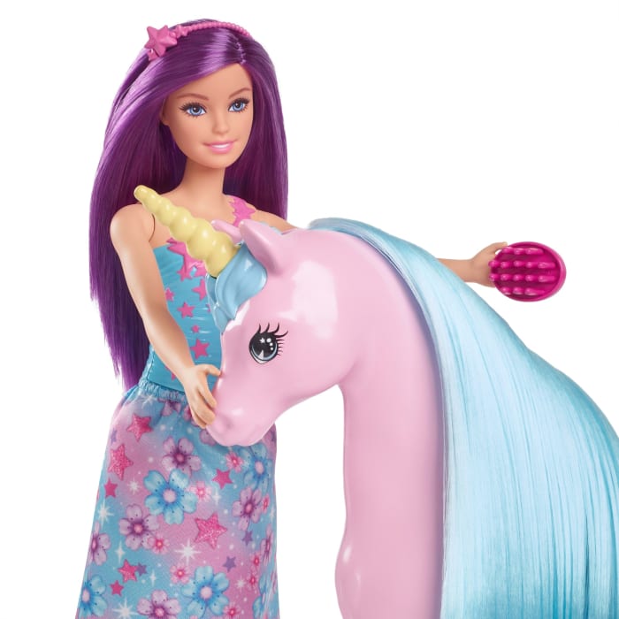 Hot Wheels Barbie Fantasy Doll & Unicorn Toy Set - Includes Saddle Brush & Accessories