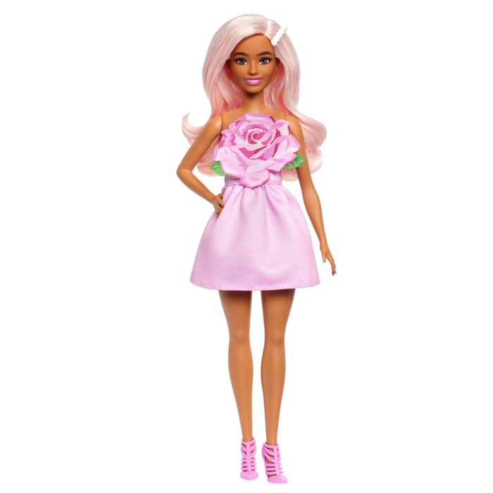 Hot Wheels Barbie Fashionistas Doll #238 In Strapless Rose Dress Pink Hair With Barrette Accessory