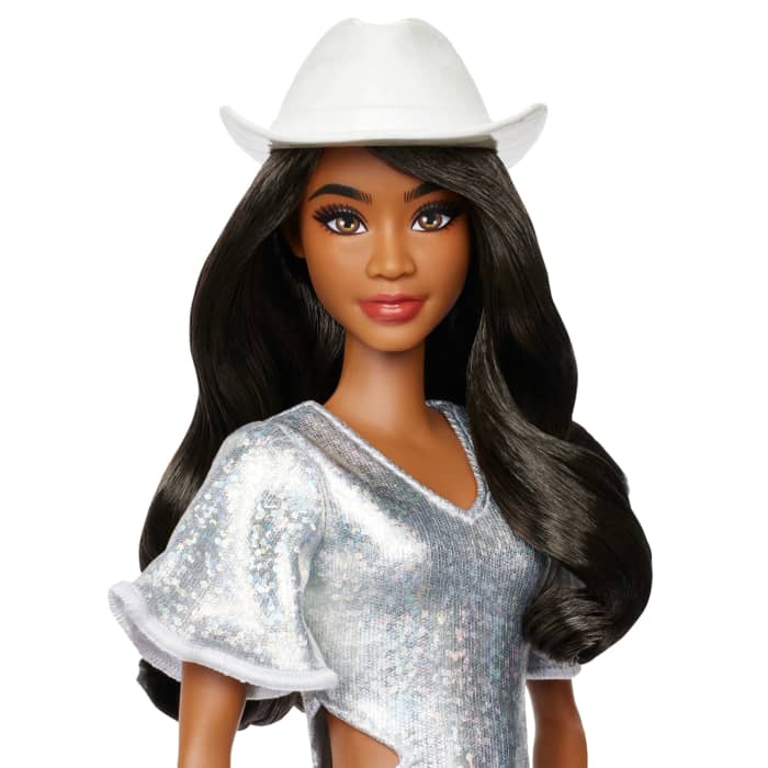 Hot Wheels Barbie Fashionistas Doll #239 In Sparkly Silver Dress With Cowboy Hat And Boots Black Hair