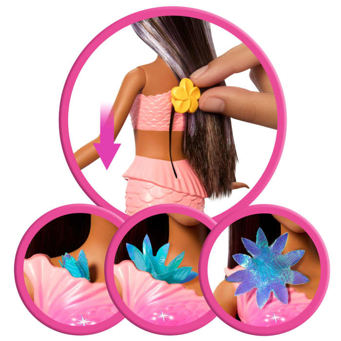 Hot Wheels Barbie Flower Magic Mermaid Toy Doll With Surprise Blooming Flowers Feature & Pearl Headband Accessory