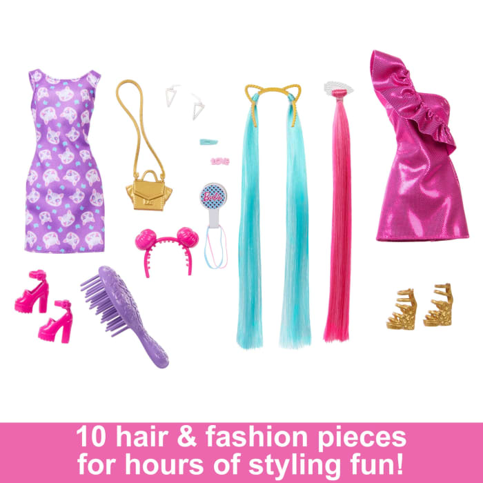 Hot Wheels Barbie Fun & Fancy Hair Doll With Extra-Long Colorful Blonde Hair And Styling Accessories