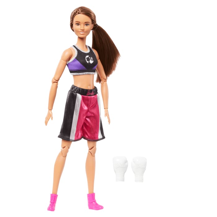 Hot Wheels Barbie Made To Move Boxer Doll & Accessories Brunette Doll Wearing Uniform With Boxing Gloves