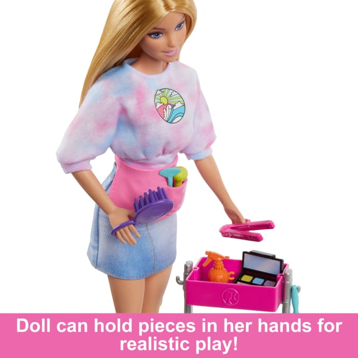 Hot Wheels Barbie “Malibu” Stylist Doll & 14 Accessories Playset Hair & Makeup Theme With Puppy & Styling Cart