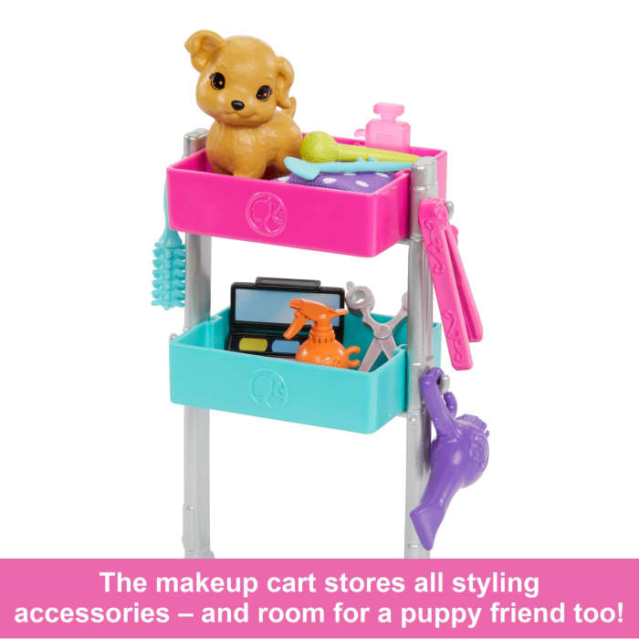 Hot Wheels Barbie “Malibu” Stylist Doll & 14 Accessories Playset Hair & Makeup Theme With Puppy & Styling Cart