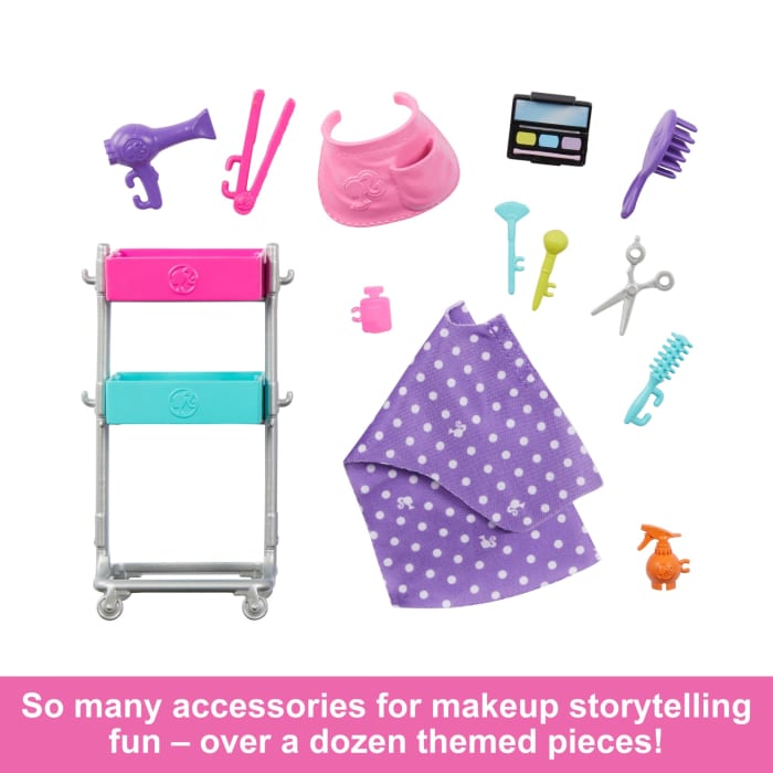 Hot Wheels Barbie “Malibu” Stylist Doll & 14 Accessories Playset Hair & Makeup Theme With Puppy & Styling Cart