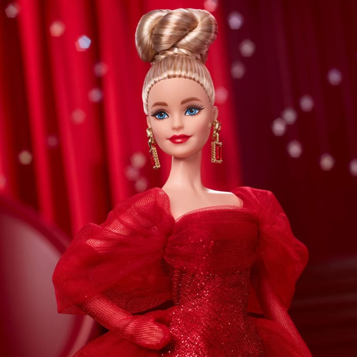 Hot Wheels Barbie Signature Collectible Doll For Mattel 80Th Anniversary Glittery Red Tulle Gown Blonde Hair