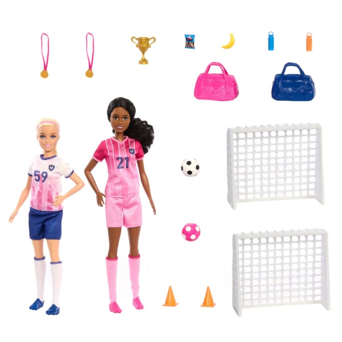 Hot Wheels Barbie Soccer Playset With 2 Dolls & 15 Accessories Including 2 Nets 2 Soccer Balls & More