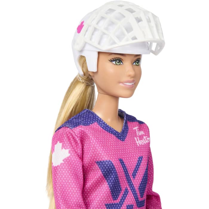 Hot Wheels Barbie Tim Hortons PWHL Fashion Doll In Pink Purple & Teal Hockey Jersey Includes Hockey Accessories