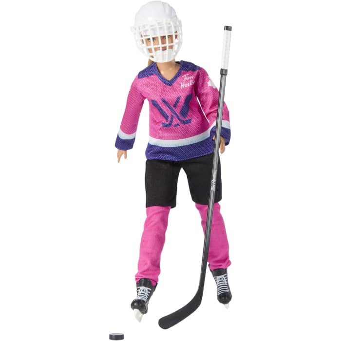 hot wheels Barbie Tim Hortons PWHL Fashion Doll in Pink Purple & Teal Hockey Jersey includes Hockey Accessories