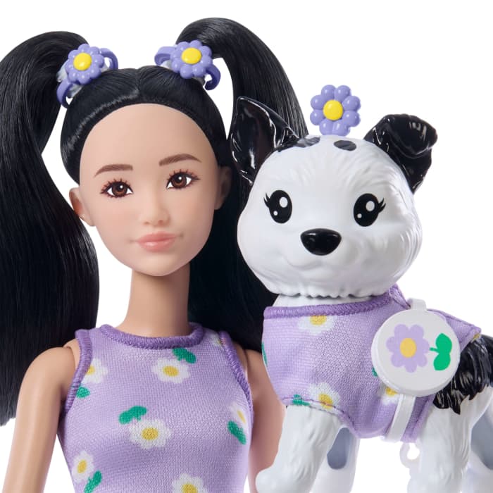 Hot Wheels Barbie Twinning Looks Fashion Doll With Pet Dog Matching Purple Clothes & Accessories Black Hair
