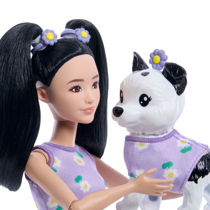 Hot Wheels Barbie Twinning Looks Fashion Doll With Pet Dog Matching Purple Clothes & Accessories Black Hair