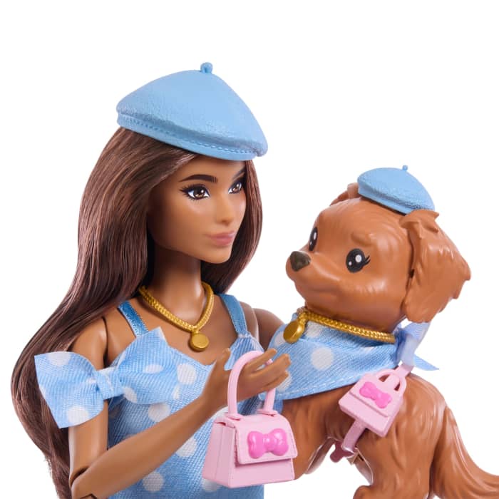 Hot Wheels Barbie Twinning Looks Fashion Doll With Pet Dog Matching Blue Clothes & Accessories Brunette