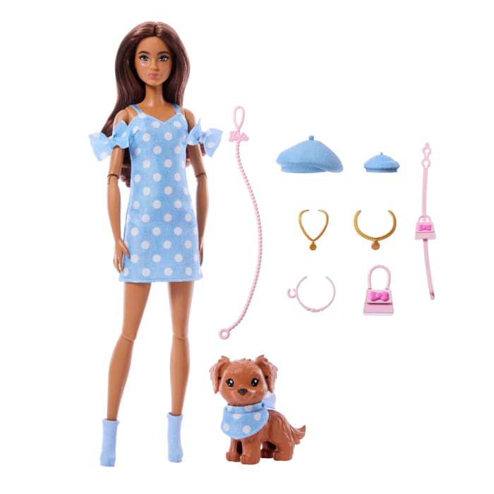 Hot Wheels Barbie Twinning Looks Fashion Doll With Pet Dog Matching Blue Clothes & Accessories Brunette