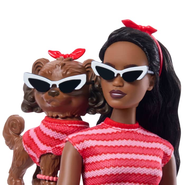 Hot Wheels Barbie Twinning Looks Fashion Doll With Pet Dog Matching Red Clothes & Accessories Black Hair