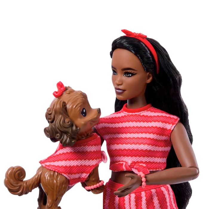 Hot Wheels Barbie Twinning Looks Fashion Doll With Pet Dog Matching Red Clothes & Accessories Black Hair